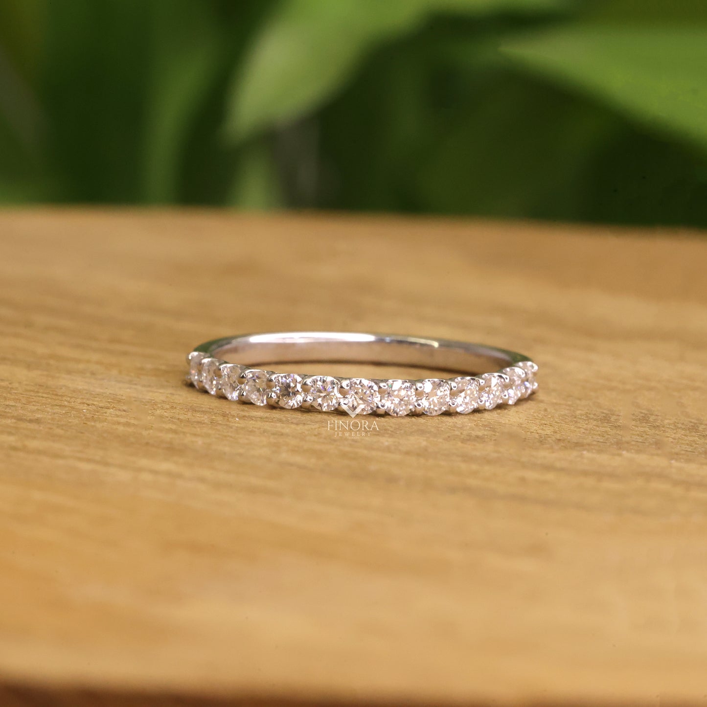 classic round cut moissanite half eternity wedding band, stackable minimal ring – finora jewelry