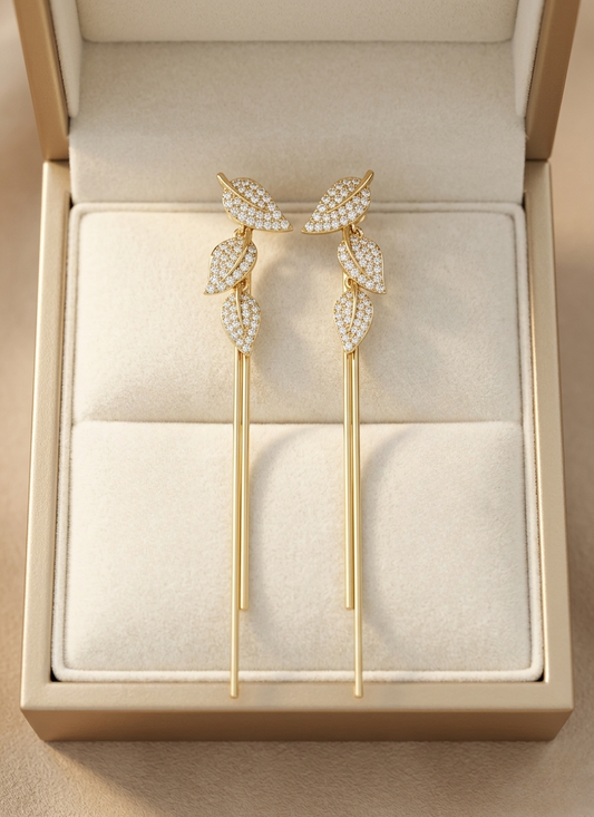 Gold-Tone Pave Leaf Tassel Drop Earrings