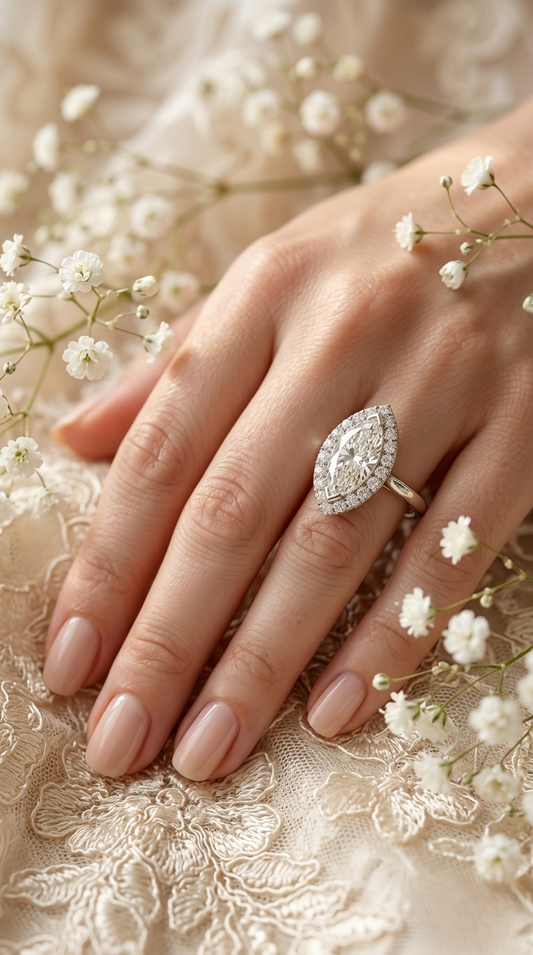 Marquise Cut Moissanite Halo Engagement Ring – 925 Silver / 10K / 14K / Platinum / White / Yellow / Rose Gold – Finora Jewelry