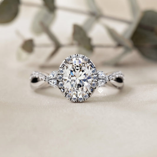 Finora Jewelry Oval Halo Diamond Engagement Ring – Twisted Pavé Band with Pear Accents – Available in 10K, 14K Gold (White, Rose, Yellow), 925 Sterling Silver & Platinum