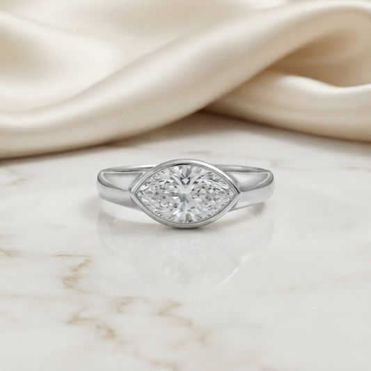 Marquise Cut Moissanite Solitaire Engagement Ring, Modern Bezel Set – Finora Jewelry