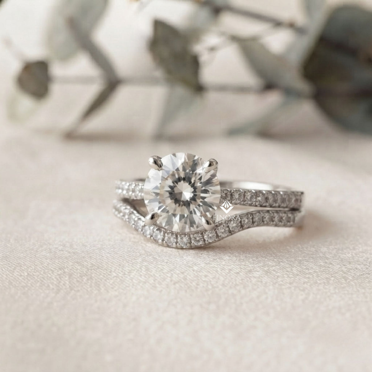 round cut diamond solitaire engagement ring with matching band – finora jewelry