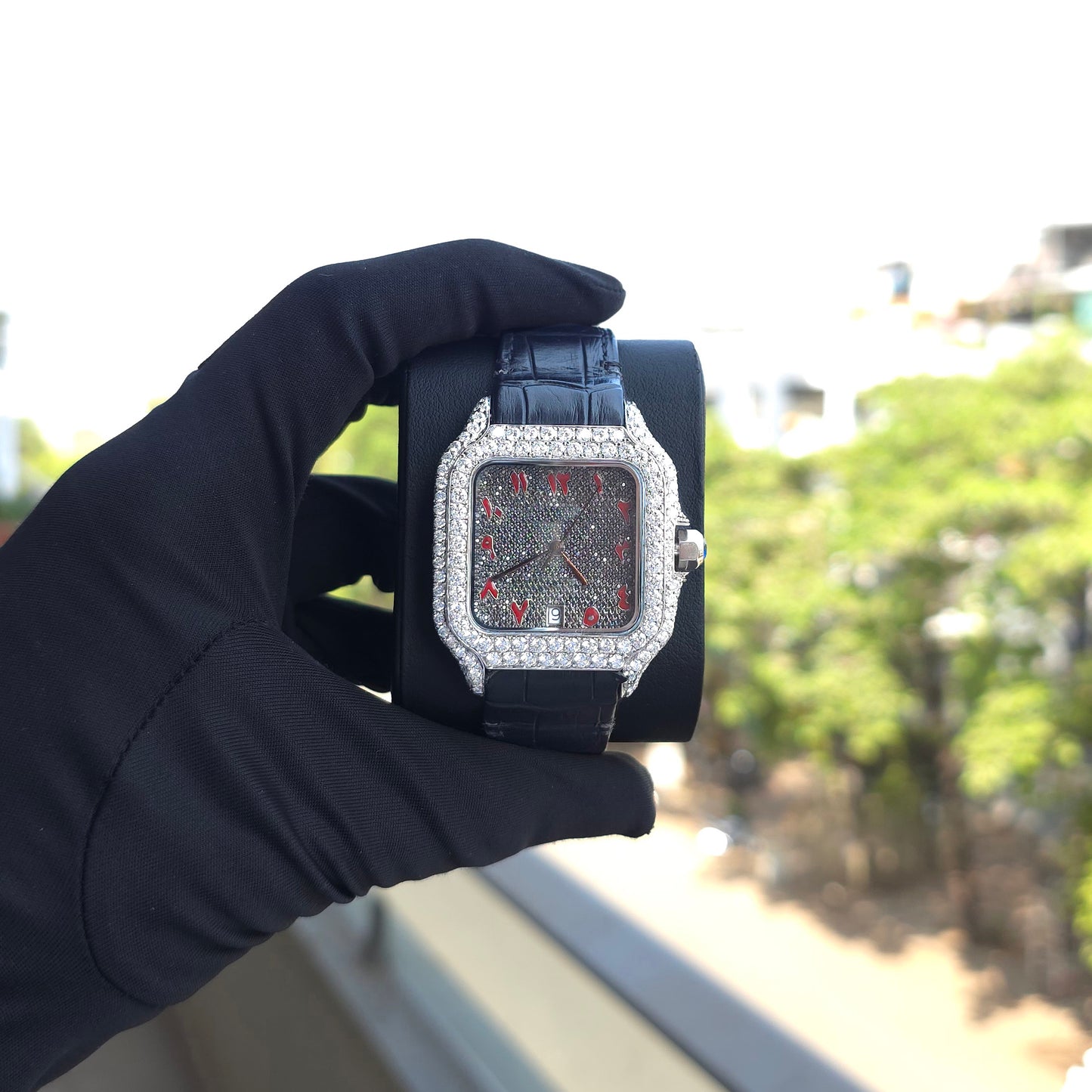 bust down watch iced out watch women 41mm black dial red roman square watch leather strap