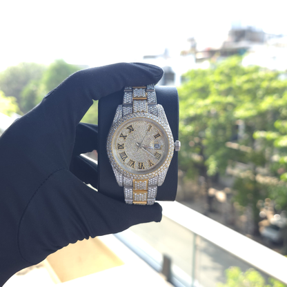 Bust Down Watch Iced Out Watch Men 41mm White & Yellow Round Roman Dial