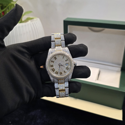 Bust Down Watch Iced Out Watch Men 41mm White & Yellow Round Roman Dial
