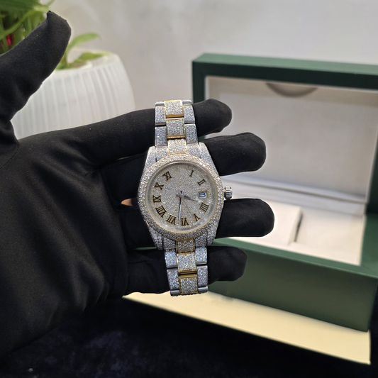 Bust Down Watch Iced Out Watch Men 41mm White & Yellow Round Roman Dial