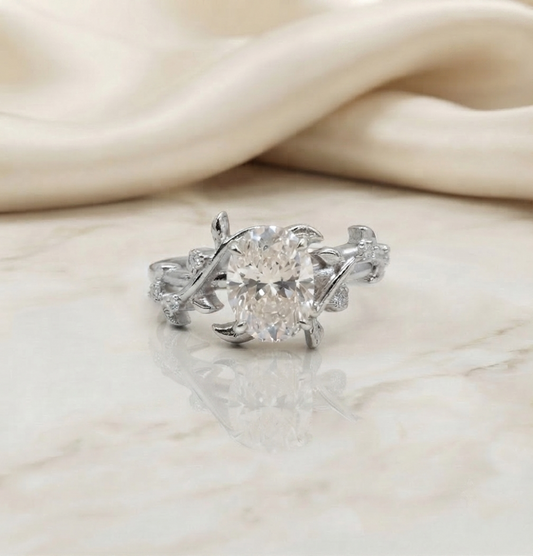 Oval Cut Moissanite Nature-Inspired Engagement Ring, Floral Vine Design – Finora Jewelry