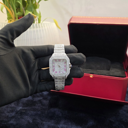 Iced Out Bust Down Watch 36mm Women | Roman pink Letters