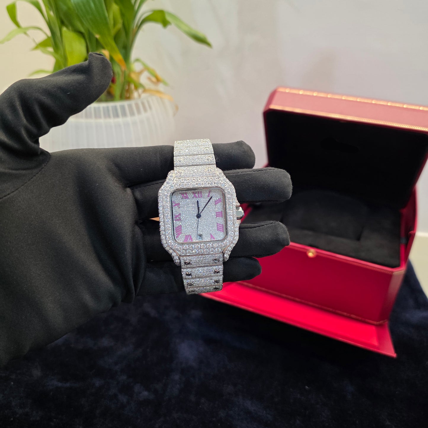 iced out bust down watch 41mm men | white icedout watch pink roman dial