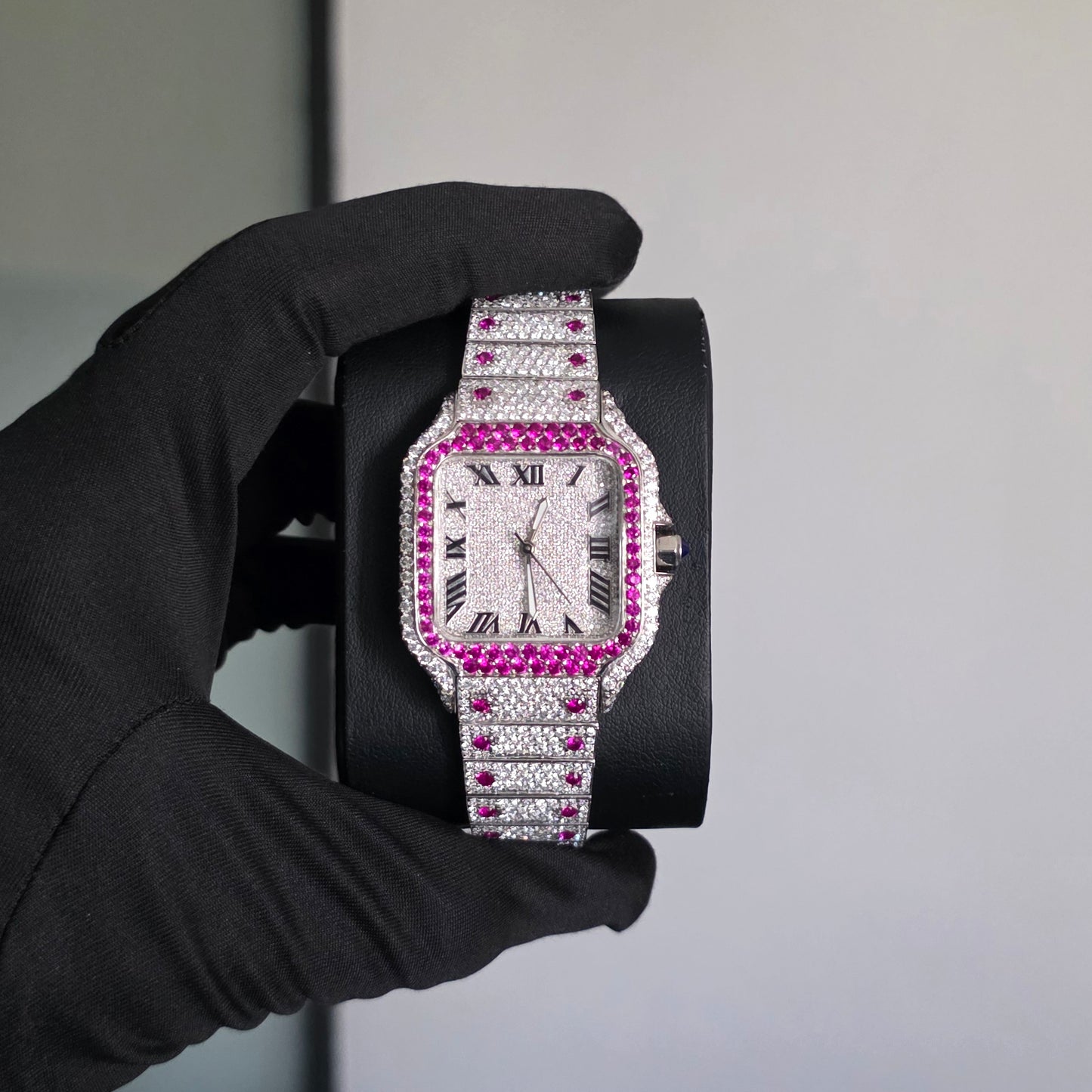 iced out bust down watch 36mm women | white icedout watch pink stone roman dial