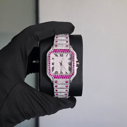 Iced Out Bust Down Watch 36mm Women | White Icedout Watch Pink Stone Roman Dial