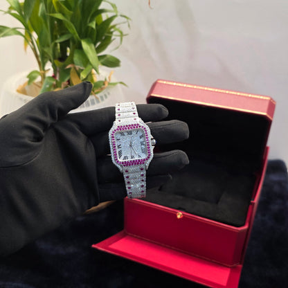 Iced Out Bust Down Watch 36mm Women | White Icedout Watch Pink Stone Roman Dial