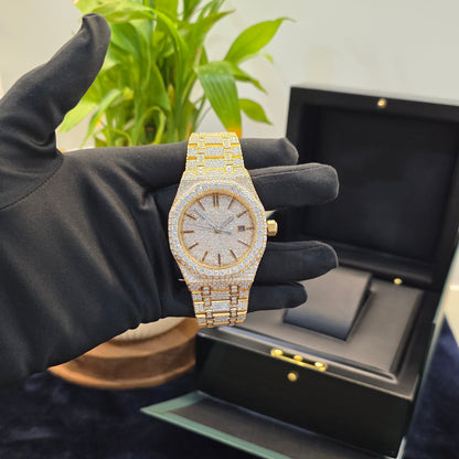Iced Out Bust Down Watch 41mm Men | Yellow Icedout Watch Flat Band