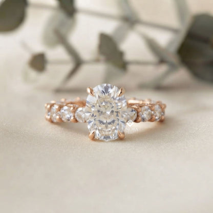 5ct Oval Cut Lab Grown Diamond  Solitaire Eternity Ring – Pave Band, Dainty Gold Fine Jewelry