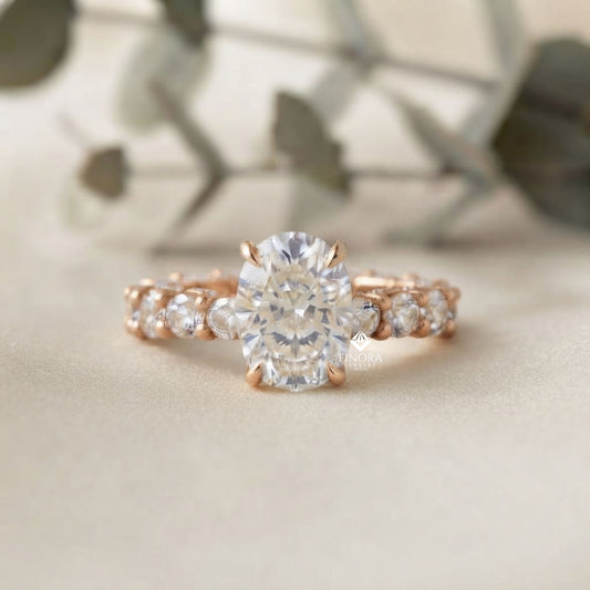 5ct Oval Cut Lab Grown Diamond  Solitaire Eternity Ring – Pave Band, Dainty Gold Fine Jewelry