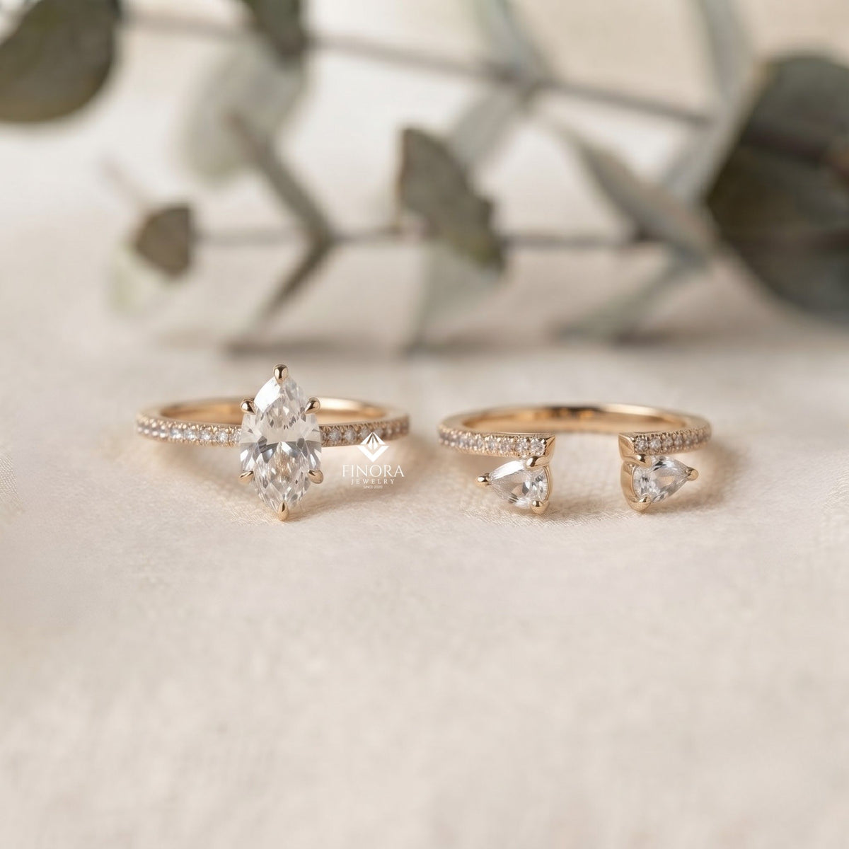marquise wedding ring set – elegant gold bridal ring – fine jewelry for engagement