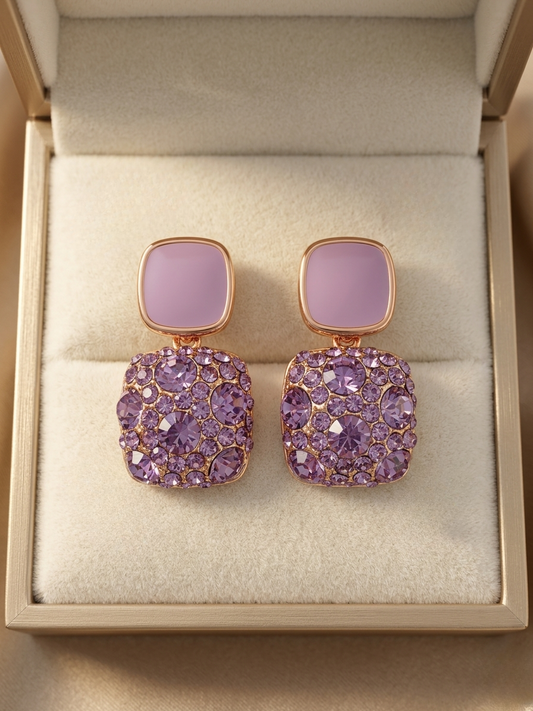 Lavender Enamel & Purple Crystal Cluster Statement Stud Earrings