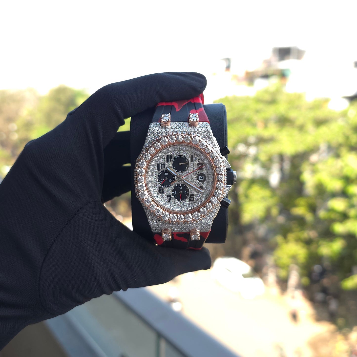 white & rose iced out chronograph watch – bust down watch red rubber strap