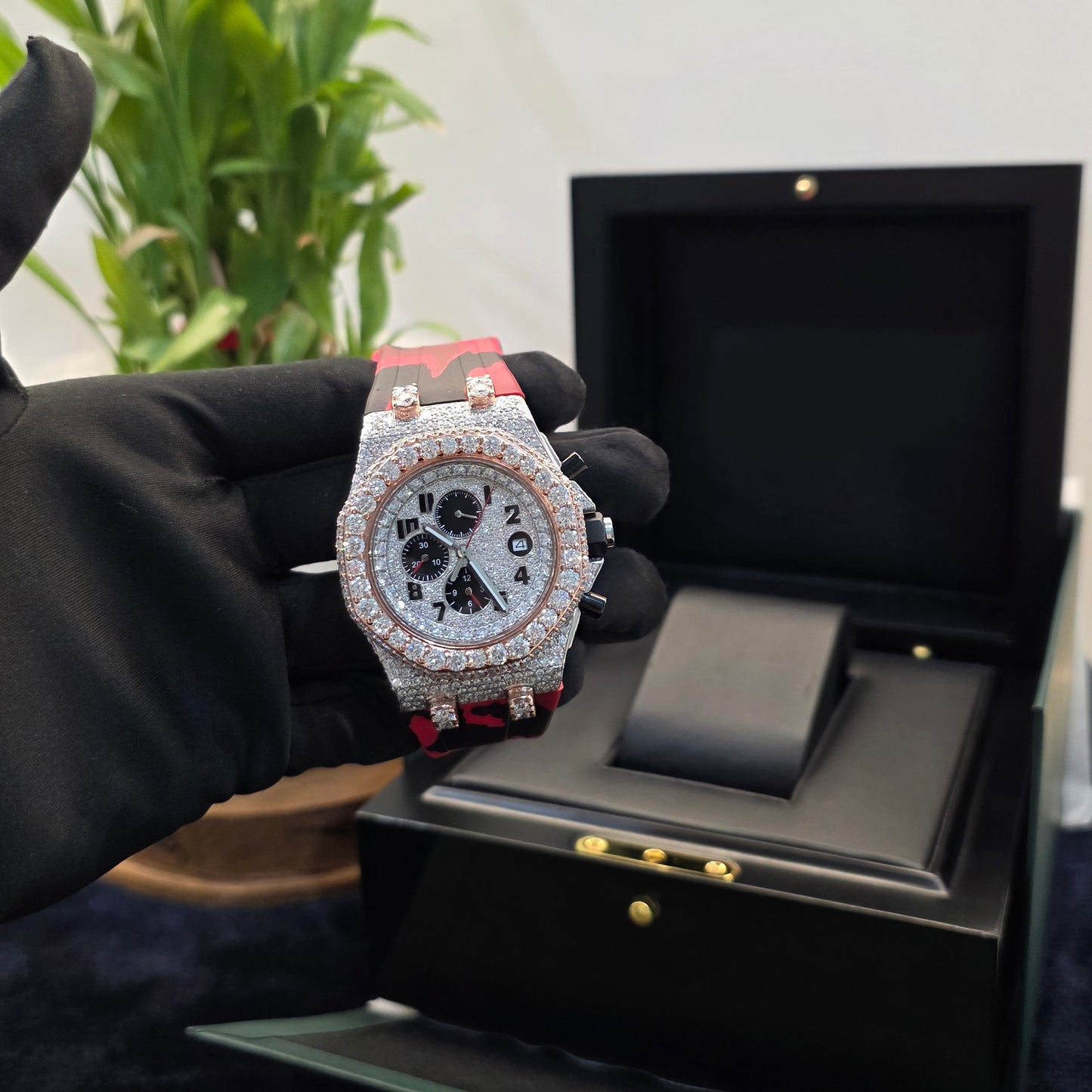white & rose iced out chronograph watch – bust down watch red rubber strap
