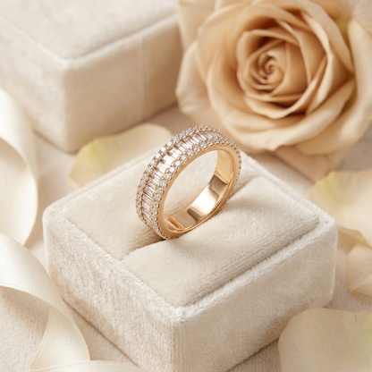 Triple Row Baguette & Round Diamond Wide Band Ring in 925 Silver, 10K/14K Gold (Rose/White/Yellow), & Platinum – Finora Jewelry