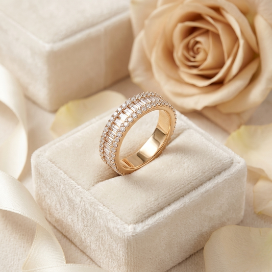 Triple Row Baguette & Round Diamond Wide Band Ring in 925 Silver, 10K/14K Gold (Rose/White/Yellow), & Platinum – Finora Jewelry