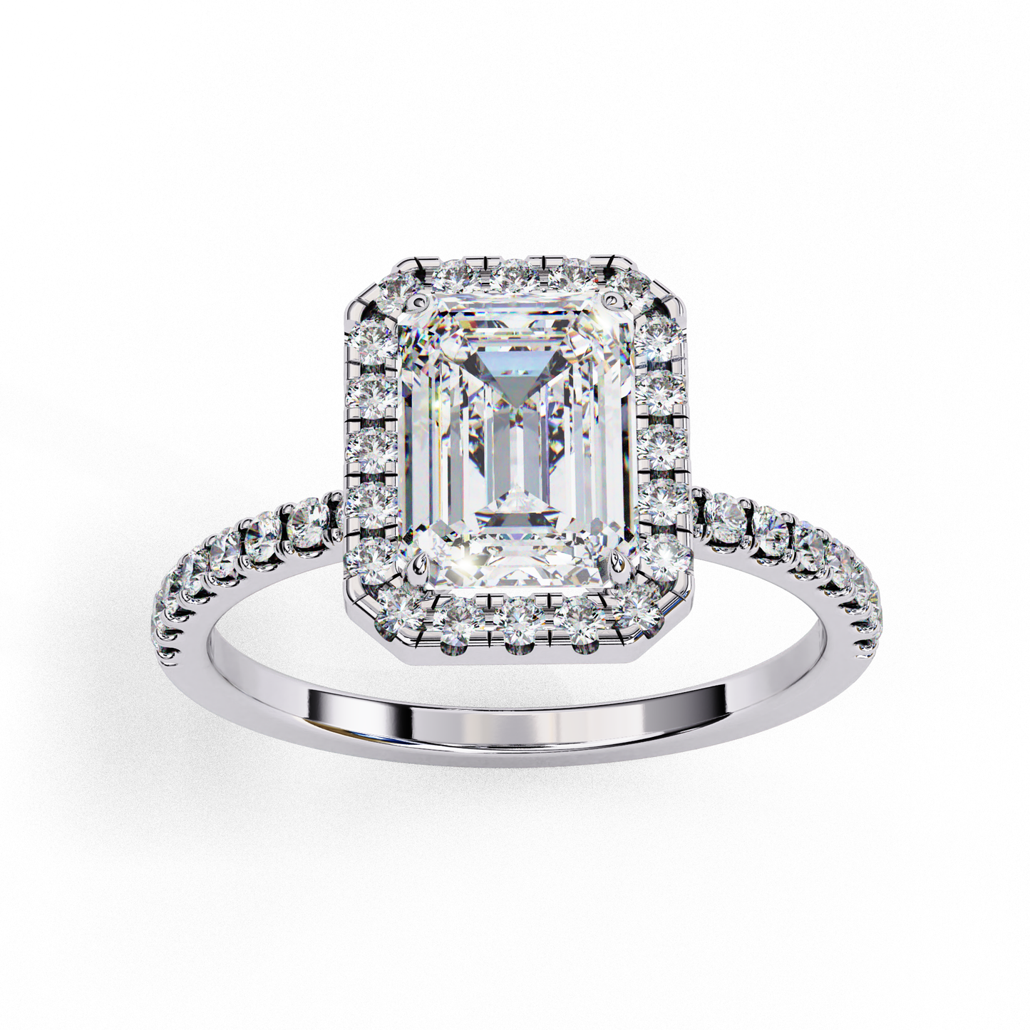 emerald cut halo ring with diamond accents by finora jewelry