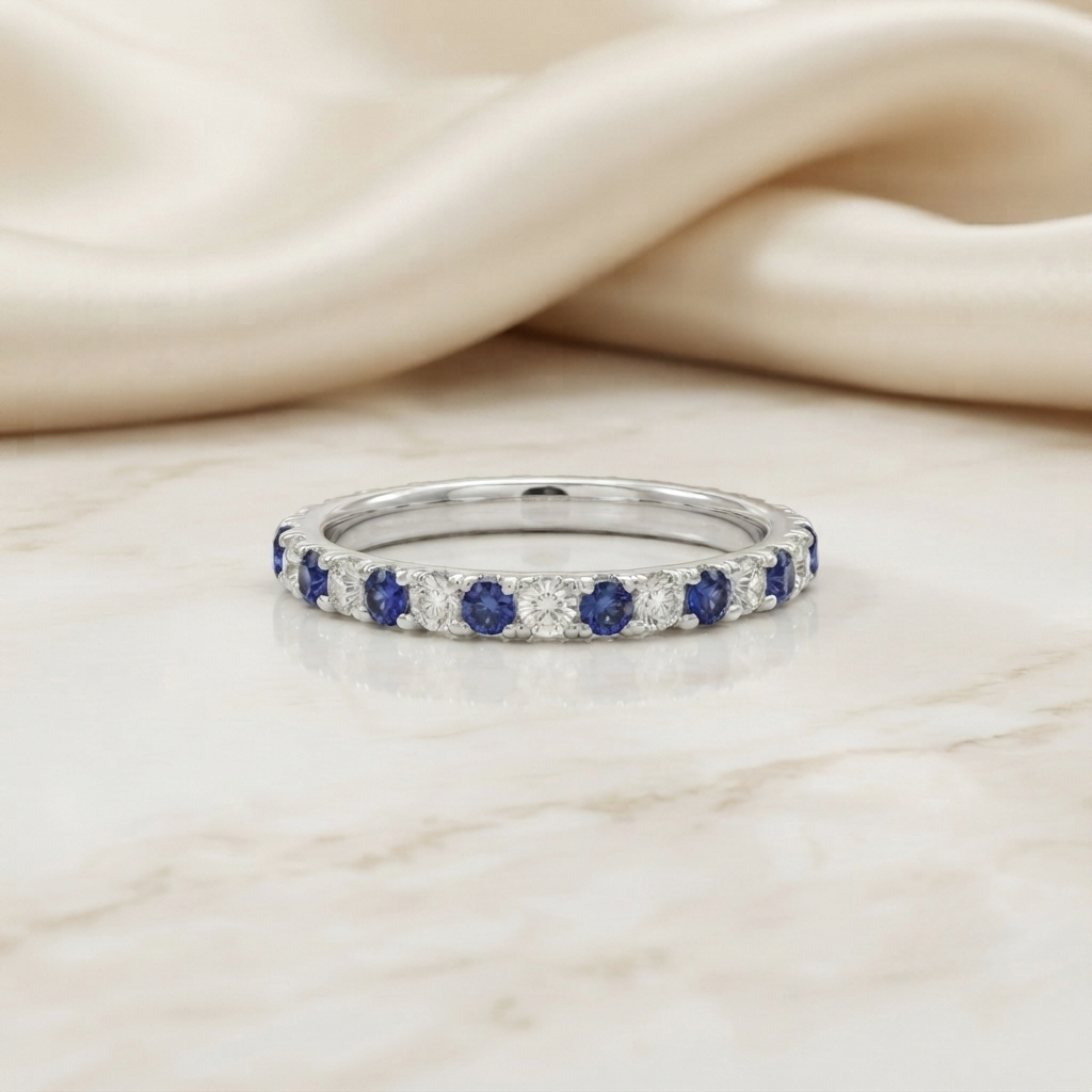blue & white round cut moissanite half eternity wedding band, stackable ring – finora jewelry