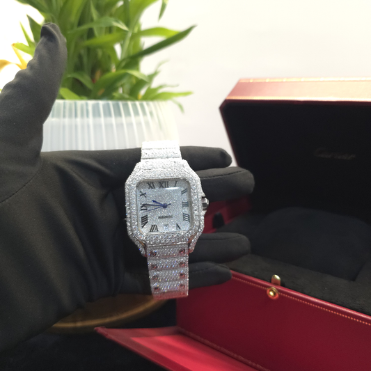 41MM White Gold Plated Fully Iced Square Case Roman Dial Moissanite Watch