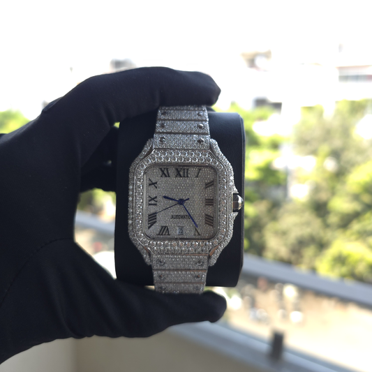 41MM White Gold Plated Fully Iced Square Case Roman Dial Moissanite Watch