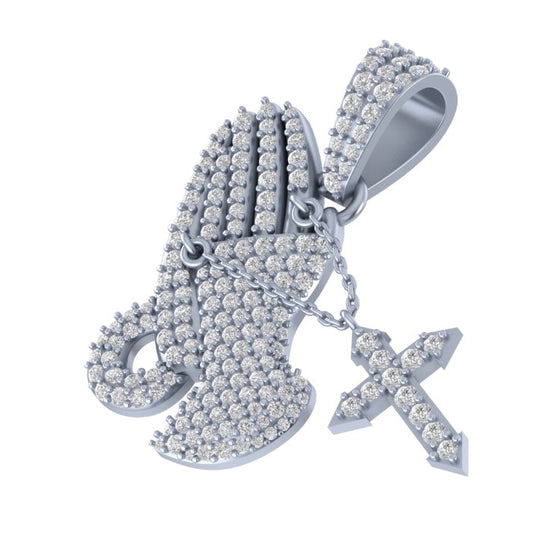 Moissanite Diamond Praying Hand Pendant with Cross Charm – Iced-Out Hand Holding Cross Pendant | Finora Jewelry