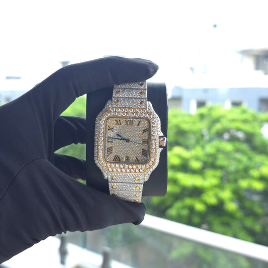 Men’s VVS Moissanite Watch | 41MM | Bust Down | Yellow & Silver