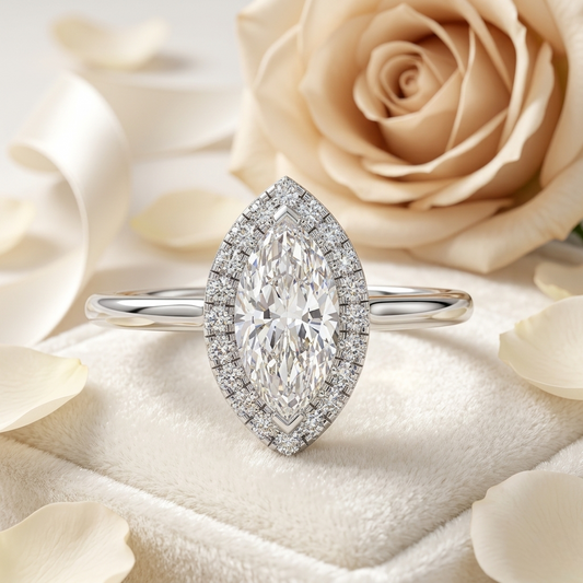 Marquise Cut Moissanite Halo Engagement Ring – 925 Silver / 10K / 14K / Platinum / White / Yellow / Rose Gold – Finora Jewelry