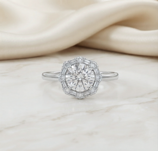 Round Cut Moissanite Halo Engagement Ring with Baguette Side Stones in 925 Silver, 10K & 14K Gold – Finora Jewelry
