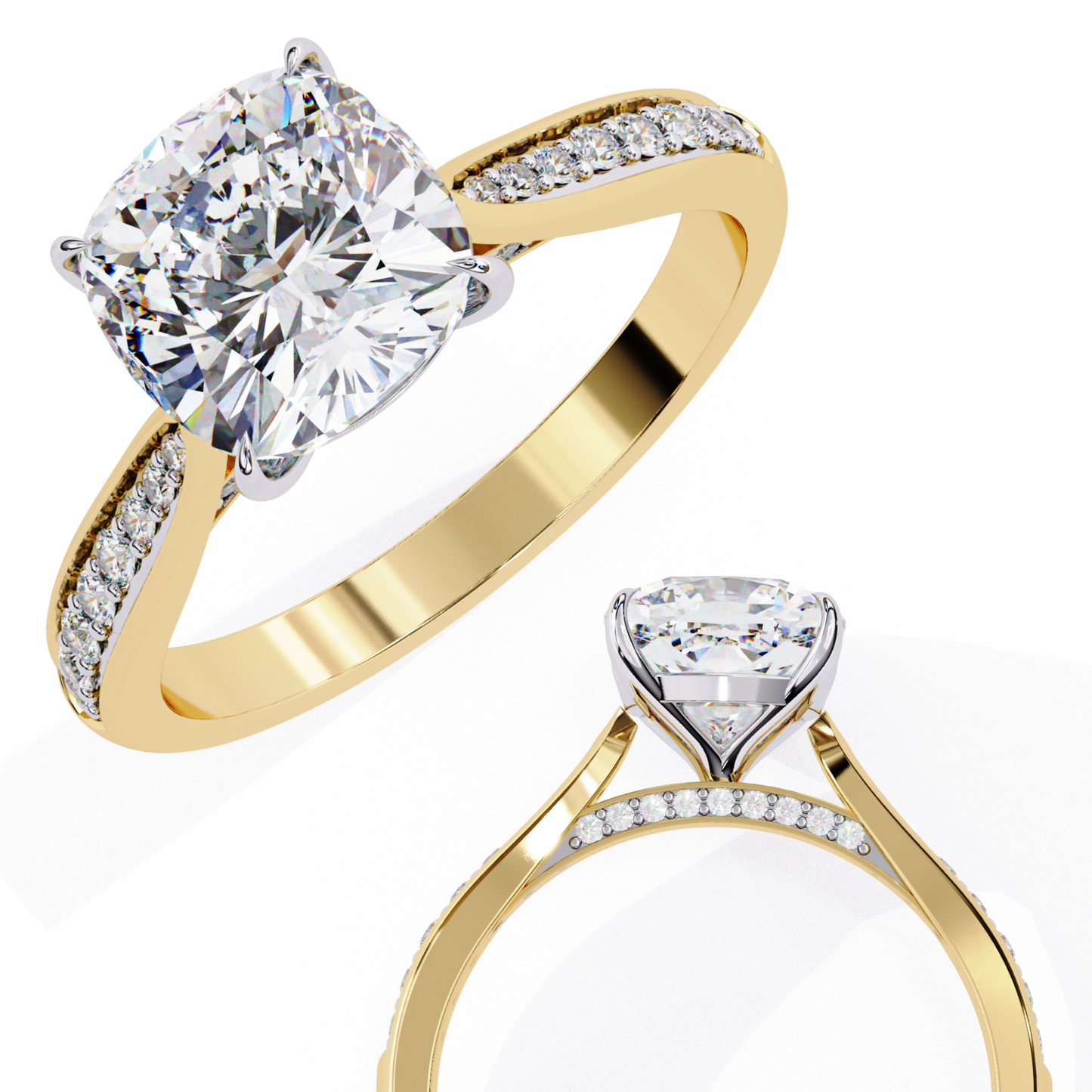 cushion cut diamond engagement ring with pavé band – classic sparkle in white gold or platinum – finora elegant solitaire design – timeless gift for her