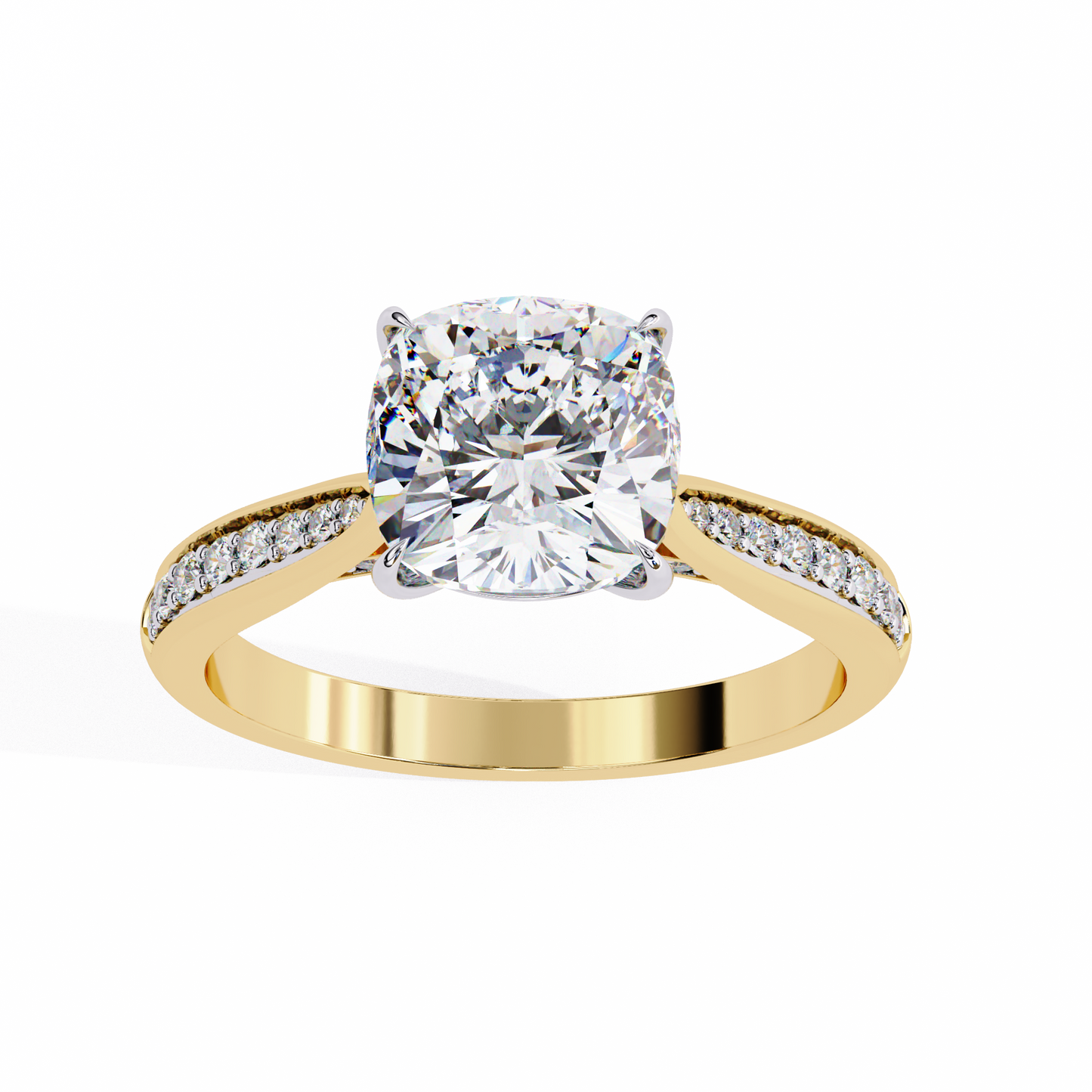 cushion cut diamond engagement ring with pavé band – classic sparkle in white gold or platinum – finora elegant solitaire design – timeless gift for her