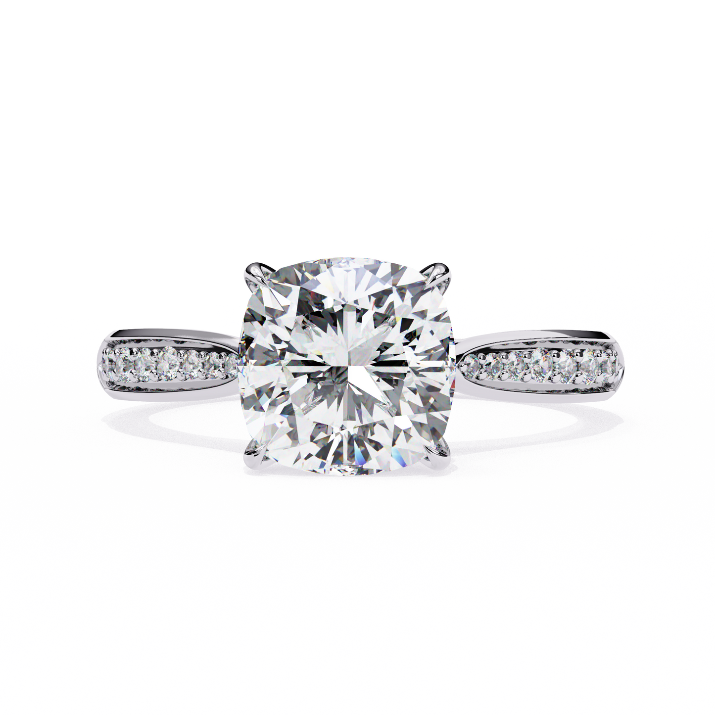 cushion cut diamond engagement ring with pavé band – classic sparkle in white gold or platinum – finora elegant solitaire design – timeless gift for her