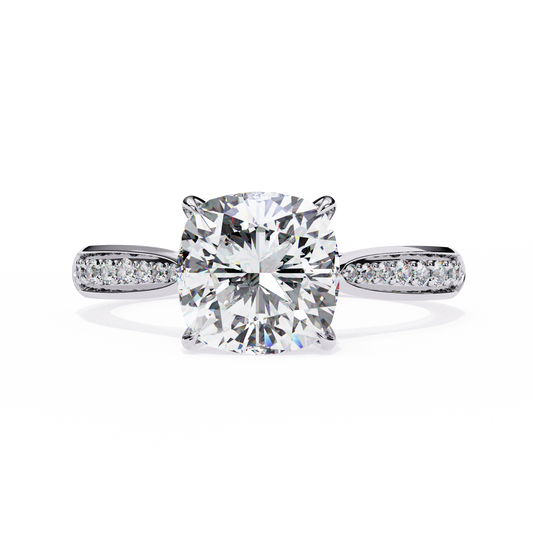 Cushion Cut Diamond Engagement Ring with Pavé Band – Classic Sparkle in White Gold or Platinum – Finora Elegant Solitaire Design – Timeless Gift for Her