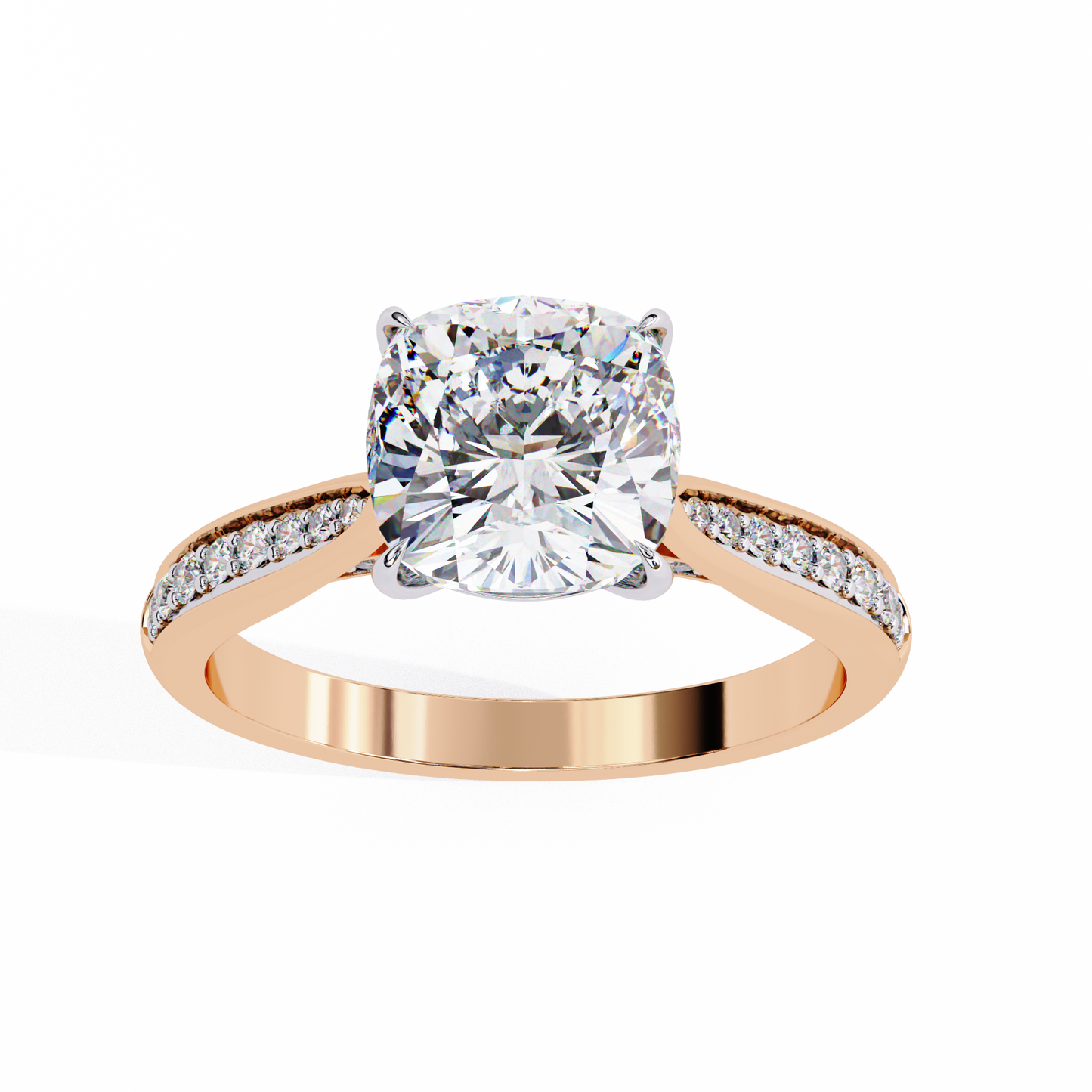 cushion cut diamond engagement ring with pavé band – classic sparkle in white gold or platinum – finora elegant solitaire design – timeless gift for her