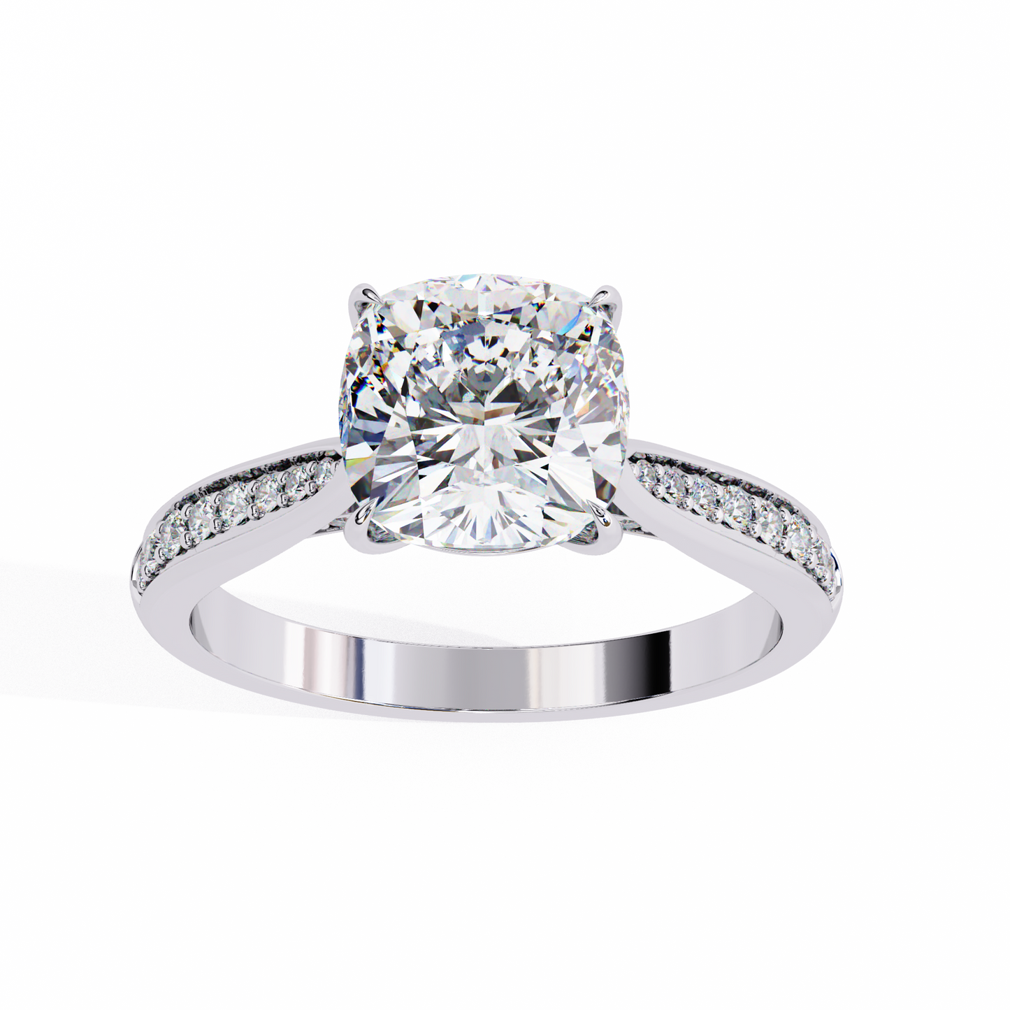 cushion cut diamond engagement ring with pavé band – classic sparkle in white gold or platinum – finora elegant solitaire design – timeless gift for her