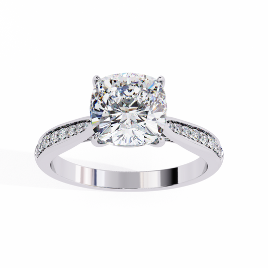 Cushion Cut Diamond Engagement Ring with Pavé Band – Classic Sparkle in White Gold or Platinum – Finora Elegant Solitaire Design – Timeless Gift for Her