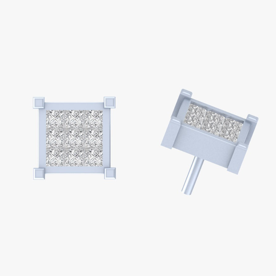princess cut moissanite diamond cluster stud earrings – square invisible set studs | finora jewelry