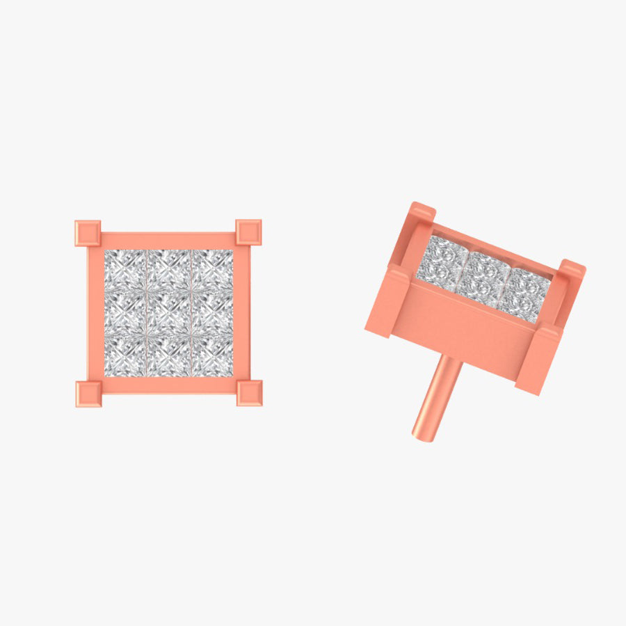 princess cut moissanite diamond cluster stud earrings – square invisible set studs | finora jewelry