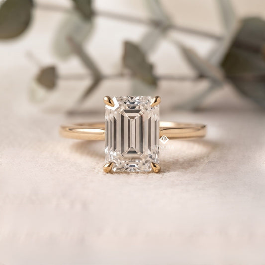Emerald Cut Colorless Moissanite Ring  –  Minimalist Bridal Jewelry