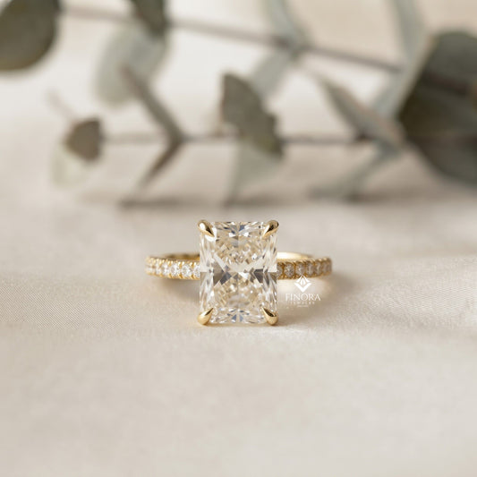 Radiant Cut Moissanite Engagement Ring –  Hidden Halo Gold Bridal Jewelry