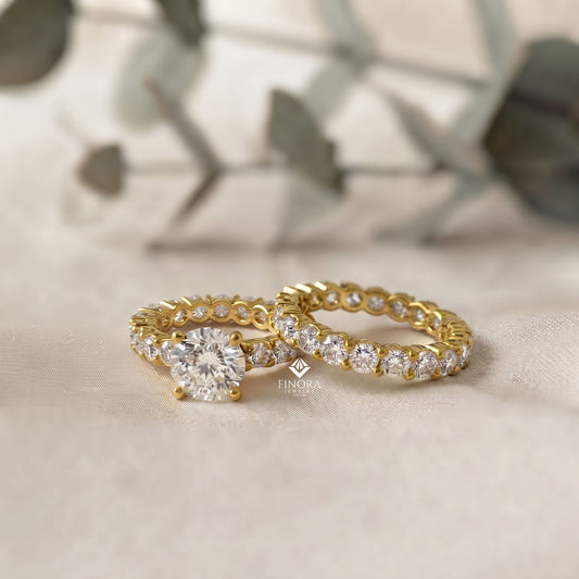 Round Cut Lab Grown Diamond Solitaire Eternity Ring – Pave Band, Dainty Gold Fine Jewelry