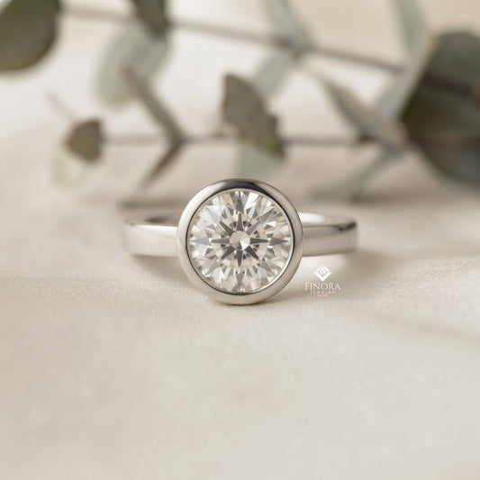Minimalist Round Moissanite Bezel Set Ring – Modern Solitaire for Promise, Engagement or Birthday Gift – 925 Silver / 10K / 14K Gold / Platinum – White / Yellow / Rose Gold – Finora Jewelry