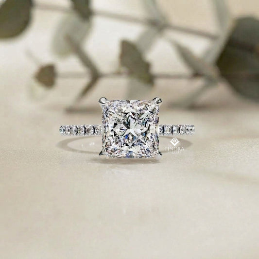 Princess Cut Moissanite Engagement Ring with Pavé Band – Sparkling Halo for Birthday, Promise, or Proposal Gift – Custom 925 Silver / 10K / 14K Gold / Platinum – White / Yellow / Rose Gold – Finora Exclusive