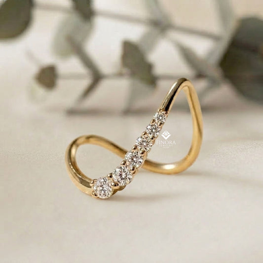 Wave Diamond Stacking Ring –  Minimalist Curved Gold Band – Dainty Contoured Bridal Jewelry