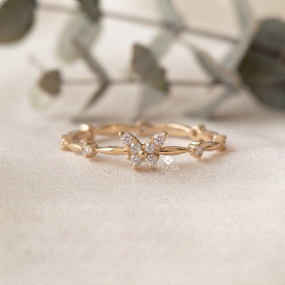 Butterfly Stacking Ring – Dainty Diamond Accent Band – Whimsical Gold Nature Jewelry