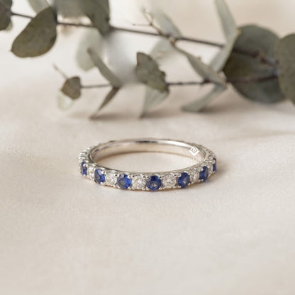 Blue & White Round Cut Moissanite Half Eternity Wedding Band, Stackable Ring – Finora Jewelry